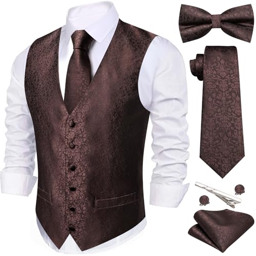 Image of Barry.Wang Men's Suit Vest Tie Bowtie Set Formal Silk Paisley Waistcoat Hanky Cufflinks Lapel Pin Set Wedding Party 7PCS