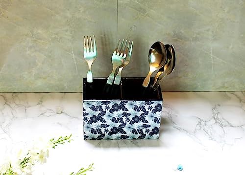 Image of Monstera Hut Premium MDF Wooden Cutlery Holder Kitchen Organizer Spoon Stand Accessories Caddy, Rectangular | 2 Compartment | Wooden Storage Organiser | (15x7x10cm)