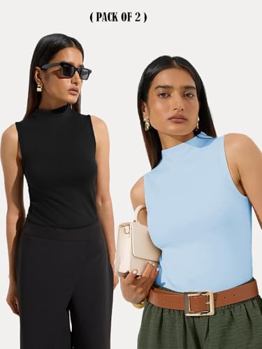 Image of KOTTY Women's Sleeveless High Neck Ribbed Tank Top Combo Pack of 2 Stylish Casual & Office Wear Tops