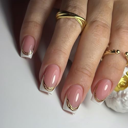 Square Press on Nails Medium Fake Nails French Tip False Nails with Gold Embossed Designs Pink Glossy Glue on Nails for Women 24pcs