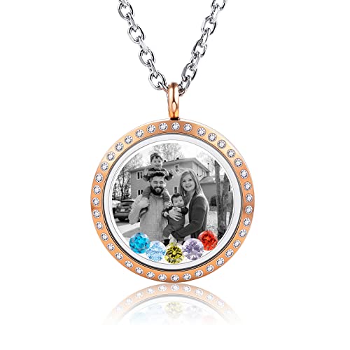 INBLUE Floating Charm Necklace for Women Locket Pendant Personalized Photo Text Stainless Steel & Glass Locket with Birthstone Living Memory Friendship Necklace Mother Daughter Necklace Mom Locket