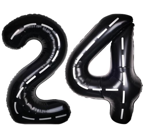 Image of Race Car 40 Inch Black 24 Big Large Helium Balloon Number 0-9 | Track Giant Digital 24th Foil Mylar Party Balloons for Men Birthday Car Theme Party Anniversary Graduation Decorations