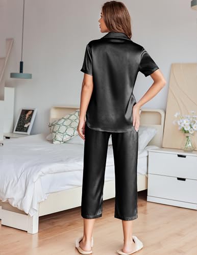 Image of Ekouaer Womens Satin Silky Capri Pajamas Short Sleeve Button Down Sleepwear