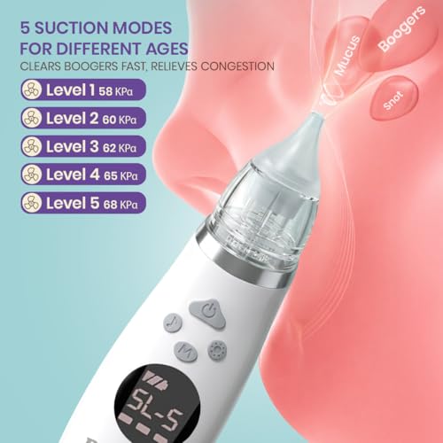 Image of NoseBliss Baby Nose Cleaner Rechargeable IPX6 Waterproof Electric Nasal Aspirator with 5 Suction Levels | 3 Food Grade Soft Silicon Nozzles | Self Cleaning, Music & Light | 1 Year Warranty