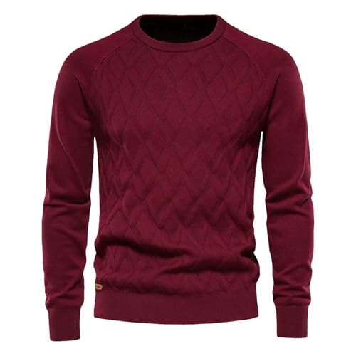Men's Argyle Knit Pullover Sweater Basic Solid Color Crewneck Long Sleeve Warm Jumper Stylish Casual Everyday Top