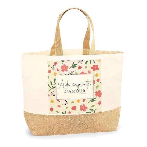 Sac aide-soignante cabas de plage courses coton toile de jute Planetee fleurs