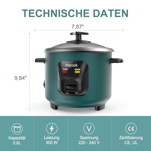 Cuocere riso (0,6 l, 3 tazze) 300 W, cuociriso per 1-6 persone, rivestimento antiaderente, funzione mantenimento calore, funzione bruciatore secco. - immagine 4