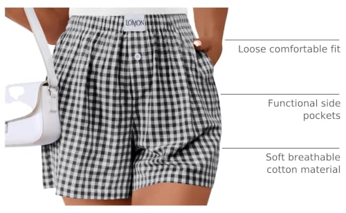 Image of LOMON Boxer Shorts for Women Summer Gingham Pajamas 2026 Lounge Sleep Pj Plaid Shorts Y2K Beach Bottoms with Pockets