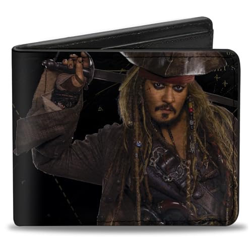 Buckle-Down Men's Disney Wallet, Bifold, Jack Sparrow Vivid Pose Pirates Logo Skull Black Gold Silver, Vegan Leather, Multicolor, Standard Size
