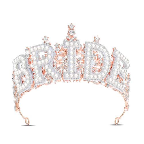 Cunno Bride Crown for Wedding Bridal Shower Bachelorette Party Silver & Rose Gold Women Bridal Tiara Headband with Rhinestone(Rose Gold)