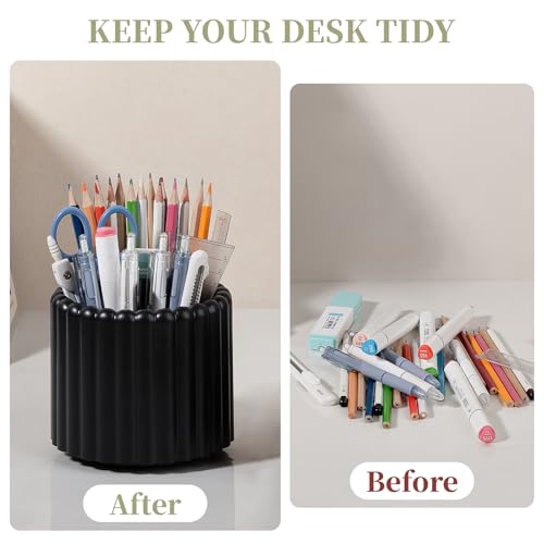 Image of Anyoifax 360 Rotating Pen Holder 7 Slots Desk Organizer Removable Pencil Cup Plastic Art Supplies and Accessories Desktop Storage Box Caddy for Office, School, Home (Black)