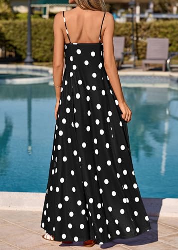 Image of KIRUNDO Womens Polka Dot Spaghetti Strap Flowy Maxi Dress | Sleeveless V Neck Boho Long Dresses, 2026 Summer Beach Vacation Cruise Outfits, A-Line Backless Sundress With Pockets