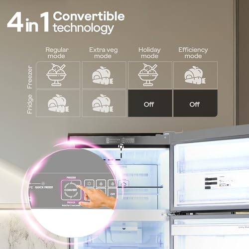 Image of Godrej 308 L 2 Star | 4-In-1 Convertible Technology | AI Powered | 360 Cooling | 95%+ Food Surface Disinfection | Inverter Frost Free Double Door Refrigerator (RF EON 331B RCIT ST RH, Steel Rush)