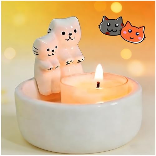 Onlvmyur Portacandele Gatto,Coppia di Gatti Candelieri Portacandele Gatto Che Si Riscalda Ceramica Gattino Cartoon Tea Light Candle Holders Regali per gli Amanti dei Gatti