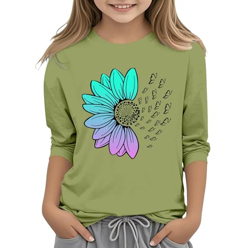 2025 Girls Basic Tees 3/4 Length Sleeve Cotton T-Shirt Toddler Crewneck Cute Sunflower Graphic Shirt Teens Solid Clothes