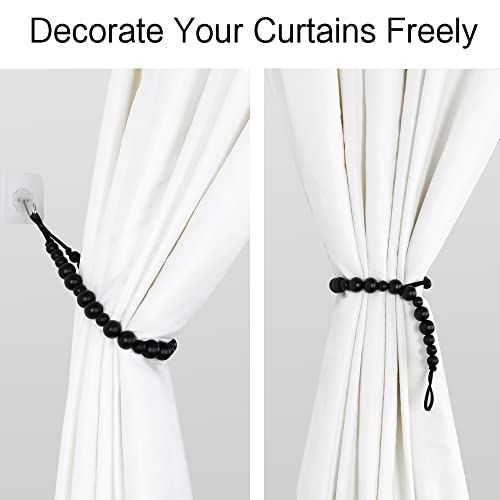 2 Pieces Wood Bead Curtain Tieback Boho Curtain Tiebacks Curtain Holdbacks For Wall Curtain Ties Window Treatment Curtain Tie Backs With Hooks For Bedroom Wall Dining(Black Color, 2) #TOP2