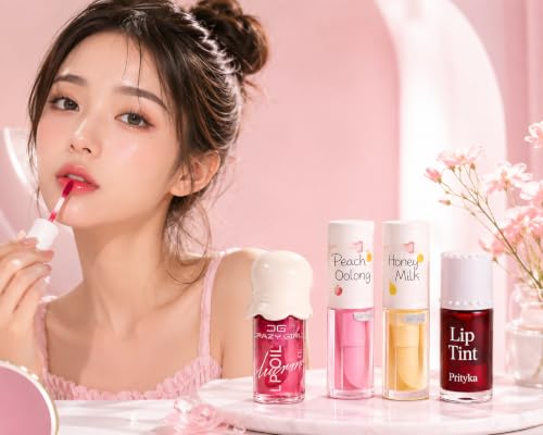 Image of Mini Lip Gloss Combo Set of 4 - 2Lip Oil, Tint & Bottle Shapes | pH Color Changing Lip Tint | Natural Pink Shine | Flavored Gloss Gift for Women & Girls (Lip Gloss Combo 4)