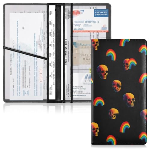 Car Registration and Insurance Holders Rainbow Skulls Print, PU Leather for License Documents Cards