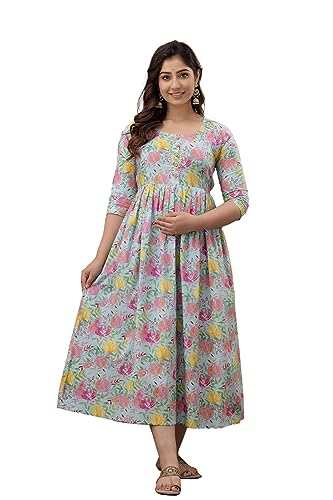 Image of The Moon Star Women's Cotton Floral Printed Anarkali Maternity Feeding Kurti | Breastfeeding Dress for Mothers | Zipper Feeding Kurti, Nursing Kurti, Comfortable and Trendy Maternity Wear