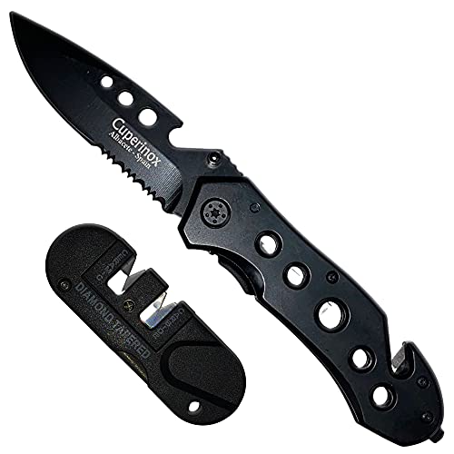 CUPERINOX 5-in-1 Multifunktionsmesser | Inklusive Messerschärfer | Flaschenöffner, Glasbrecher und Schneiden von Saiten | Glattes und Sägemesser | Tactica-Messer Cover