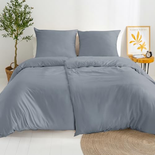 Dreamzie 2 Bettwäsche Set 135x200 Mako Satin - Grau - 2 Bettbezüge 135x200 cm mit 2 Kissenbezüge 80x80 cm - Oeko-Tex Zertifiziert - Bettwäsche...