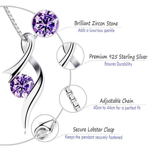 Elegant 925 Sterling Silver Pendant with Purple Stone - Versatile Silver Necklace for Women - Trendy Necklaces for Women 2025, Minimalist Silver Pendant, 40 cm to 44cm adjustable, Cubic Zircon2