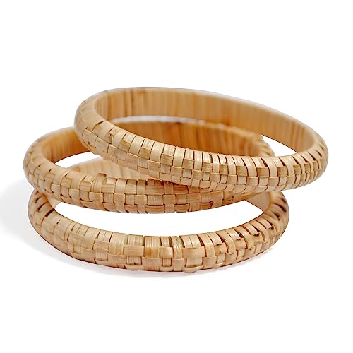 Pure Hands Eco-Svelte - Set of 3 Natural Narrow-Width Half-round Rattan Bracelets for Women | Handwoven Bamboo Cane Bangle (Medium Hand Size)