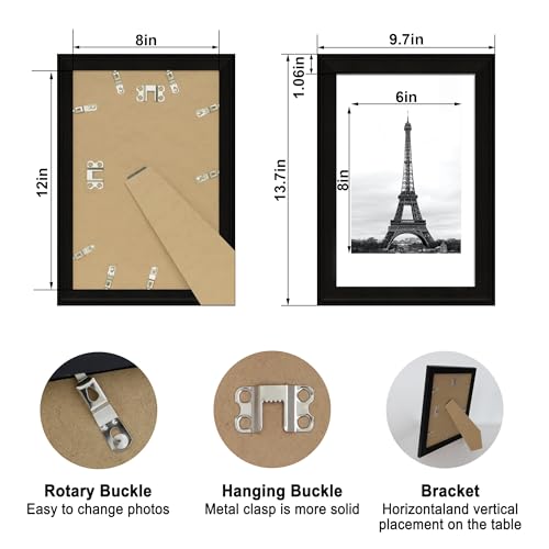 Image of iRahmen 8x12 Vintage Picture Frame with Mat 6x8 - High Definition Real Glass Wooden Photo Frames for Tabletop Display and Wall Mounting (Black, Set of 4)