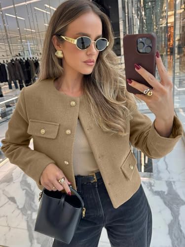 Cicy Bell Womens Cropped Tweed Blazers Jacket Collarless Button Down Business Casual 2025 Fall Outfits Winter Coats2