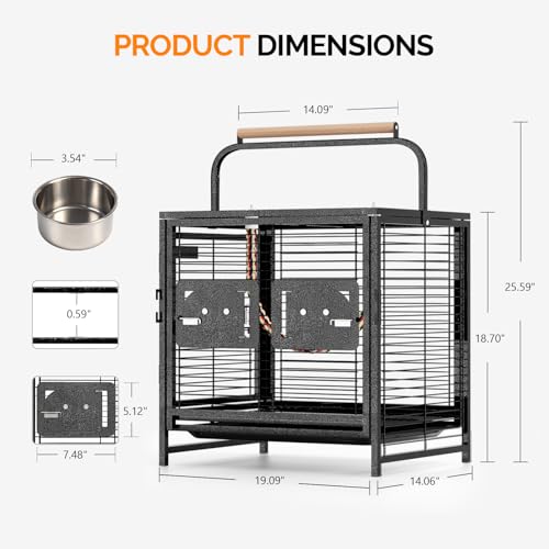 Image of VINGLI Small Bird Cage, 19 inch Travel Carrier Bird Cage with Handle, Wrought Iron Parakeet Cage with Wooden Perch for Parrot Lovebirds Finches Small /Medium Birds (Hammertone Black)