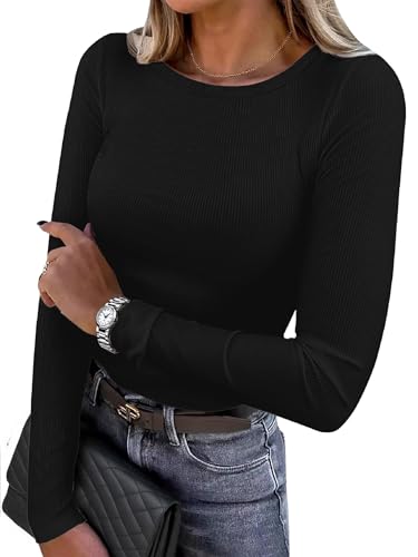QUALFORT Women's Long Sleeve Shirts Ribbed Knit Tops Slim Fit Crewneck Basic Tee 2025 Casual T-Shirt Going Out Fall Outfits