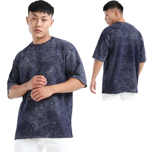 Image of fanideaz Mens 240 GSM Heavy Cotton Acid Wash Oversize T-Shirt Half Sleeve Round Neck Drop Shoulder Oversize Fit