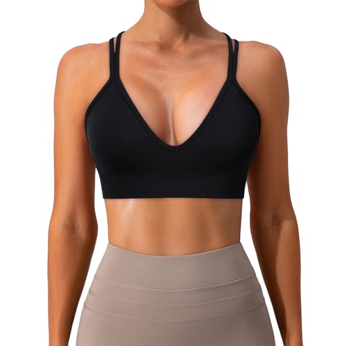 Sports Bra for Women V-Neck Strappy Criss Cross Yoga Bra Padded Medium Support Workout Gym Athletic Fitness Bras 3 Pack2