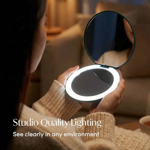 Image of Fancii Taylor Rechargeable Travel Makeup Mirror with LED Lights, 10x /1x Magnifying, 3 Light Settings, Large 5 inch Wide | Compact Mirror for Purses (Emerald Envy)