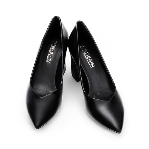 DREAM PAIRS DREAM PAIRS Women’s High Chunky Closed Toe Block Heels Pointed Toe Wedding Party Elegant Slip On Pumps Shoes,Size 9,Black/Pu,SDPU2229W