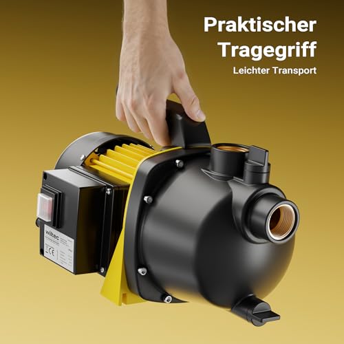 Wiltec Gartenpumpe 3800/h, 1200W, mit Tragegriff & Wasserablassschraube, max. Förderhöhe 48m, für...