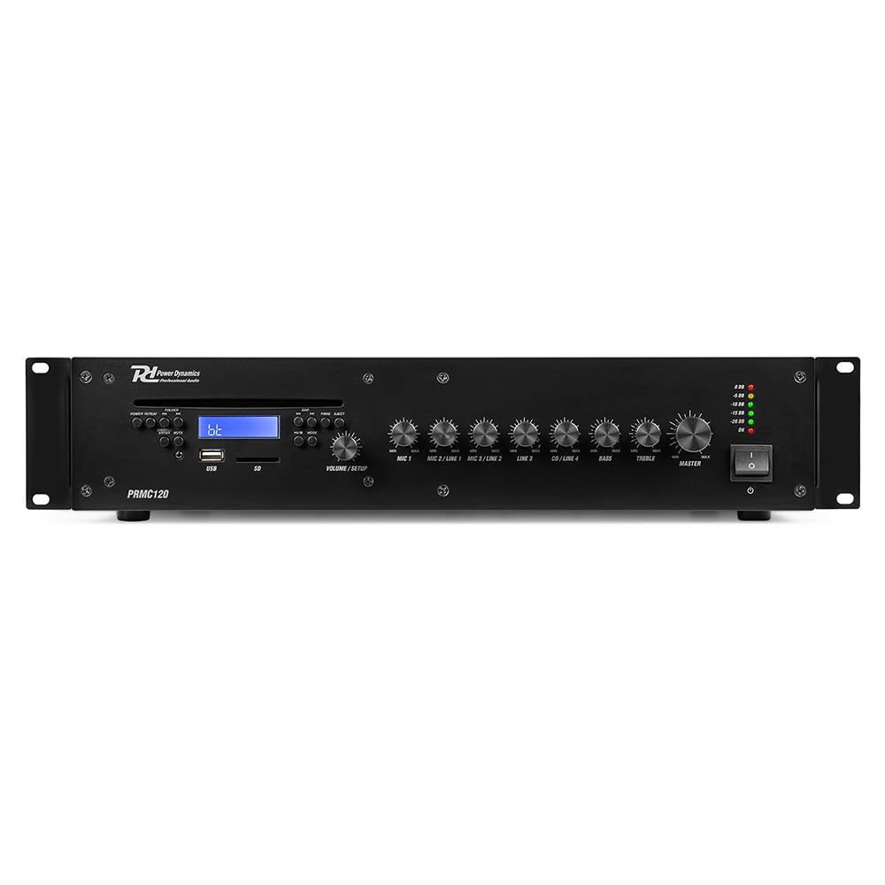 Power Dynamics PRC120 Amplificador 100V 120W con CD y Bluetooth | Reproductor CD integrado, alimentación Phantom, control de tono, compatible con instalaciones de música ambiental.