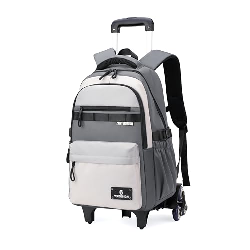 ZHANAO Mochila com rodinhas para meninos com bloqueio de cor para estudantes do ensino médio, mochila de livros para meninos do ensino fundamental, Cinza - 6 rodas, 6 Wheels