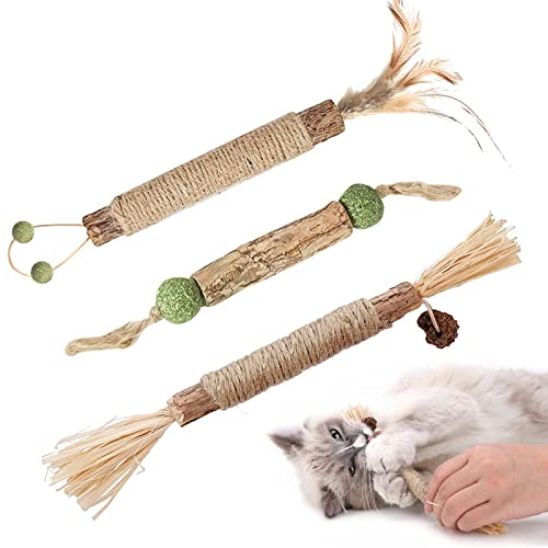 3 PCS Jouets à l'herbe à Chat,Baton a Macher Chat,Baton Chat Catnip,Jouet pour Chat,Bois Jouets de Mâcher Chat,pour Se Brosser Les Dents,Éliminer Le Tartre et Rafraîchir L'haleine Cover