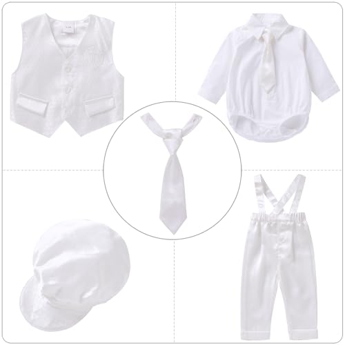 Image of Booulfi Baptism Christening Outfits for Baby Boy Outfits,NB- 5t Boy Clothes | 4 Piece Button Down White Shirt Bow Tie Photography Suspenders Baptism Outfits for Boys,Newborn 5t Boys Clothes Summer