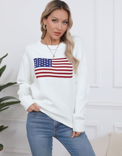 Image of Womens American Flag Sweater Crew Neck Casual Pullover Sweater