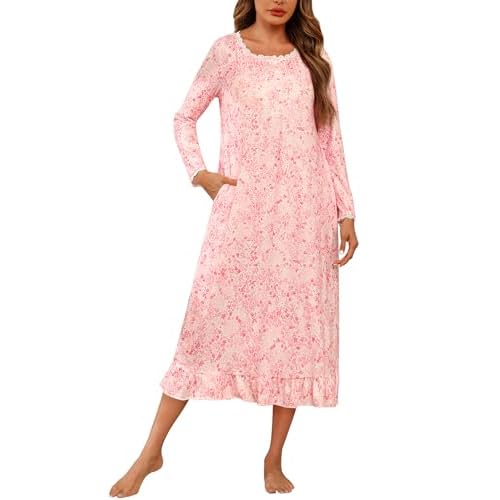Marvmys Womens Cotton Long Sleeve Nightgown Long Sleepshirts Lace Trim Victorian Sleepwear with Pockets Pink Floral Large