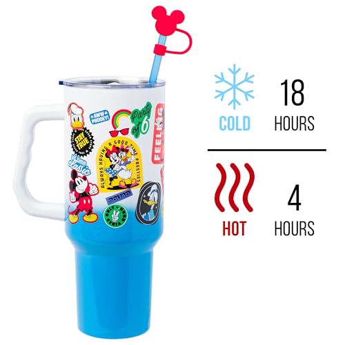 Image of Silver Buffalo Disney Mickey Mouse Stainless Steel Tumbler with Straw Cover, Lid, Straw, and Handle Featuring Donald Duck, Daisy Duck, Minnie Mouse, Mickey Mouse, Goofy, and Pluto, 40 Ounces