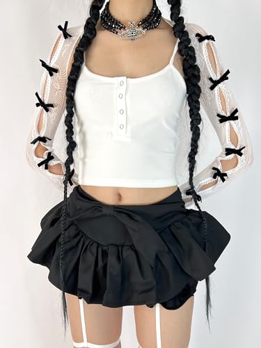 Women's Mesh Lace Shrug Crop Top Y2K Aesthetic Grunge Arm Sleeves Cardigan with Bow Going Out Shirts Summer4