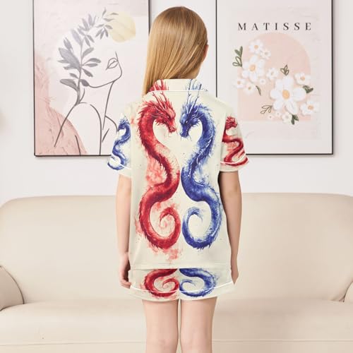 ALAZA Dragon Blue Red Watercolor Satin Pajamas Set Short Sleeve Button Down Sleepwear Summer Pjs 2 Piece4