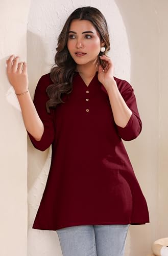 Image of Janasya Women's Light Blue Linen Cotton Solid A-line Top