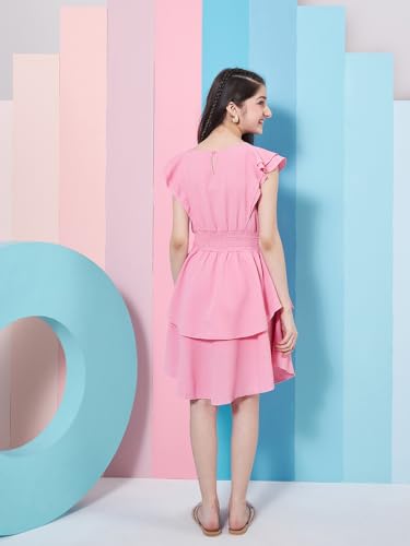Image of Pspeaches Girl's Flutter Sleeve Layered Crepe Fit & Flare Dress Pink Color Stylish & Comfortable Wear