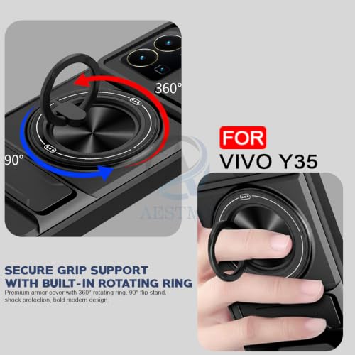 Image of AESTMO Vivo Y35 Back Cover | Armor Camera Slider 360 Degree Rotating Finger Ring Holder Case with Bracket Stand Back Case Cover (Compatible with MagSafe Accessories) (Black)