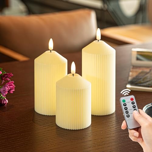 Image of LUSHARBOR Flameless Candles with Remote, 3 Pack Battery Operated Candles Real Wax LED Fake Pillar Candles with Timer Flickering Battery Candle for Wedding Home Party, Ivory