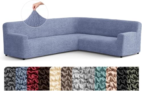 Image of Bellissima Sofa Covers - Premium Luxury Microfibra Plain Stretchable Sofa Cover Fully Covered Slipcover, Imported from Italy (ASH Blue, Corner-UN)